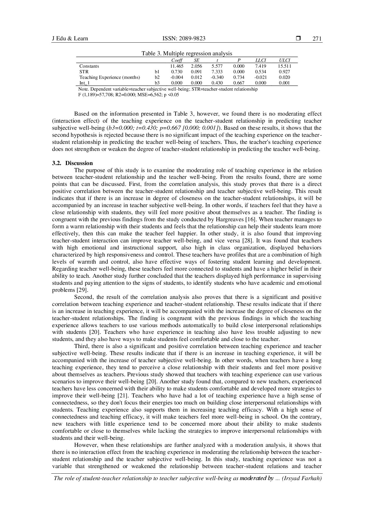 juris The role of student teacher relationship to teacher subjective well being as moderated by teaching experience