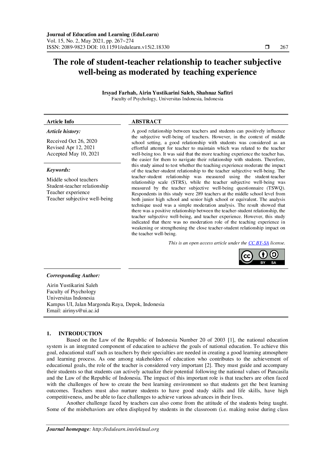 juris The role of student teacher relationship to teacher subjective well being as moderated by teaching experience