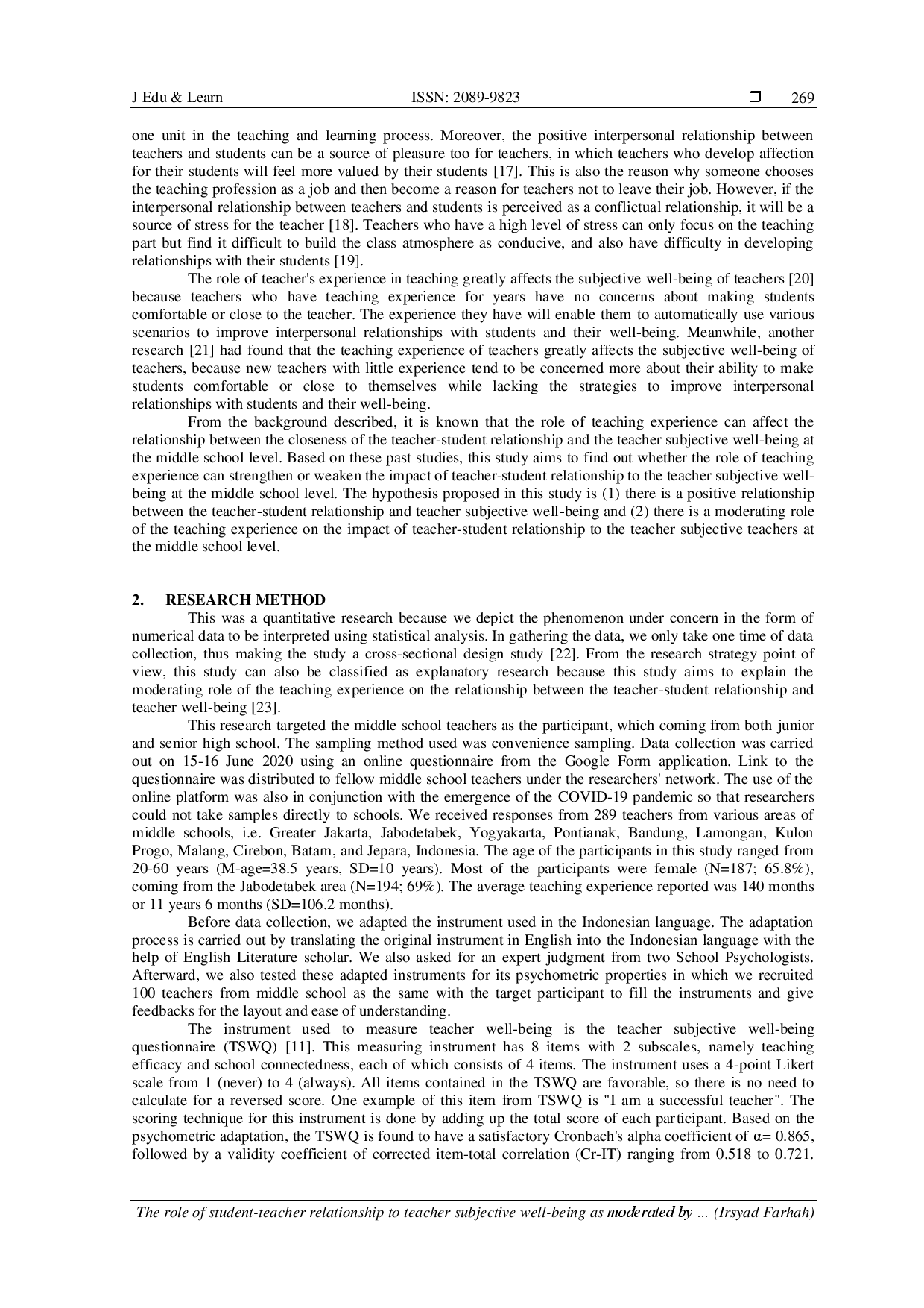 juris The role of student teacher relationship to teacher subjective well being as moderated by teaching experience