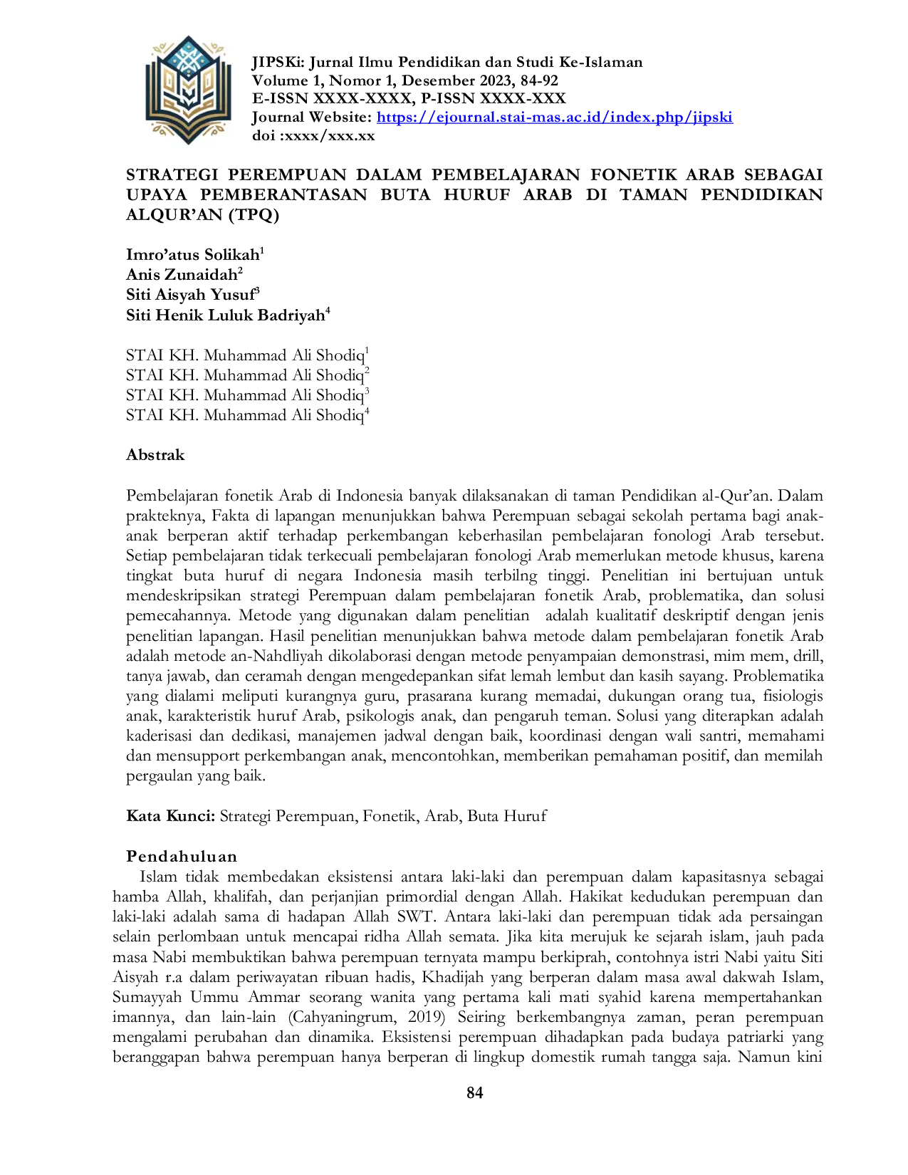 JURIS Strategi Perempuan Dalam Pembelajaran Fonetik Arab Sebagai Upaya Pemberantasan Buta Huruf Arab Di Taman Pendidikan Alqur an TPQ