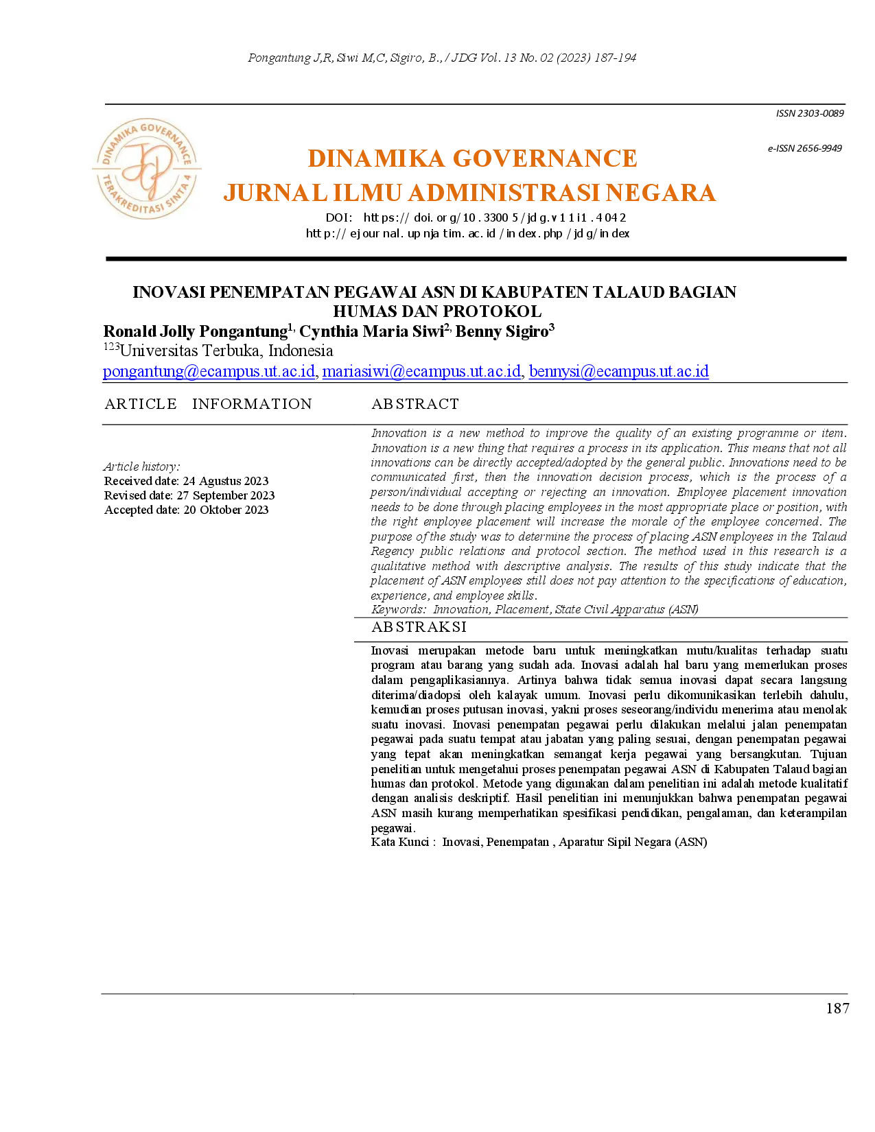 juris Inovasi Penempatan Pegawai Asn Di Kabupaten Talaud Bagian Humas Dan Protokol