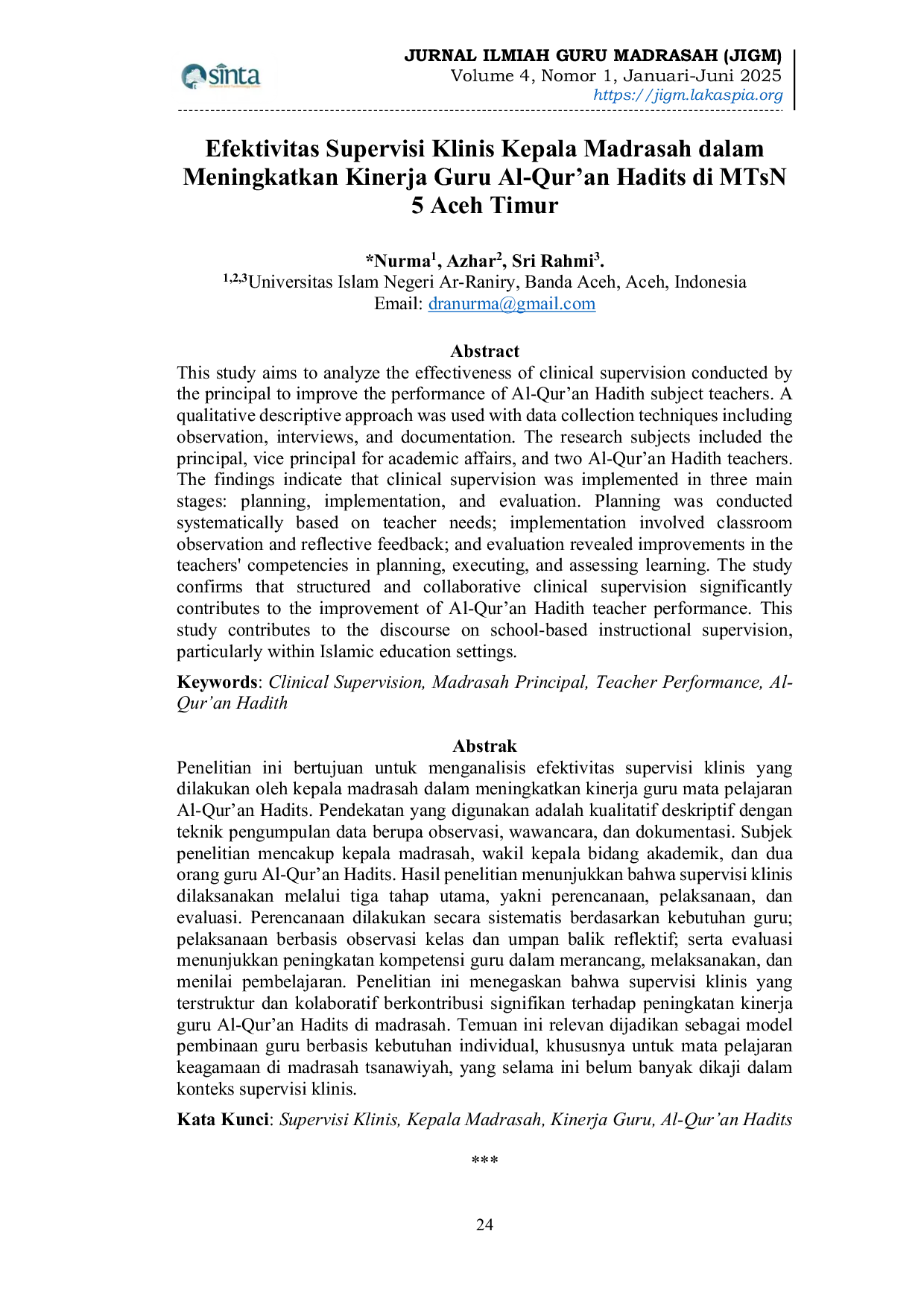 JURIS Efektivitas Supervisi Klinis Kepala Madrasah dalam Meningkatkan Kinerja Guru Al Qur an Hadits di MTsN 5 Aceh Timur