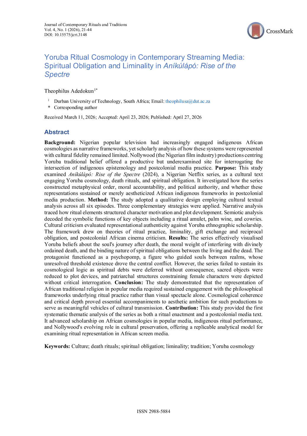 JURIS Yoruba Ritual Cosmology in Contemporary Streaming Media Spiritual Obligation and Liminality in An k l p Rise of the Spectre