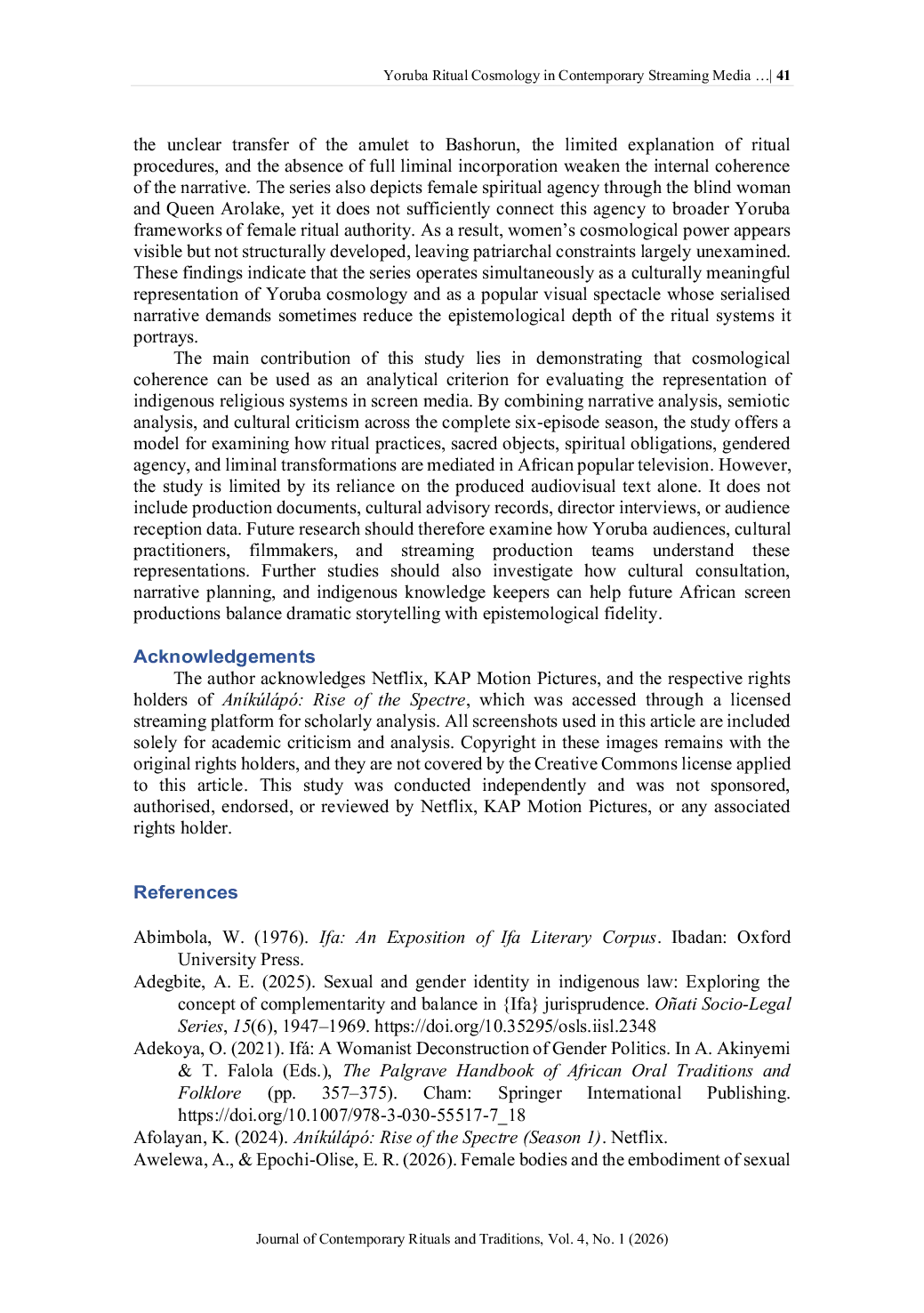 JURIS Yoruba Ritual Cosmology in Contemporary Streaming Media Spiritual Obligation and Liminality in An k l p Rise of the Spectre