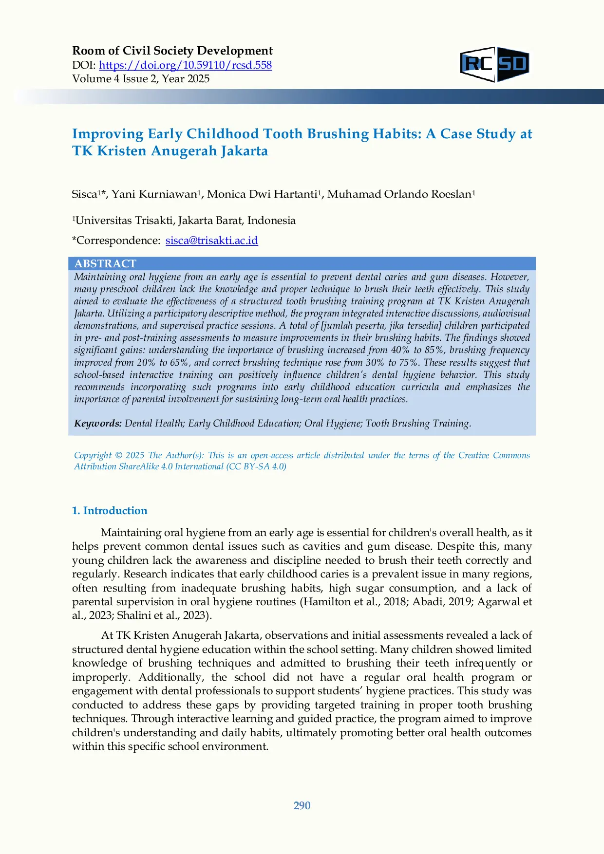 JURIS Improving Early Childhood Tooth Brushing Habits A Case Study at TK Kristen Anugerah Jakarta