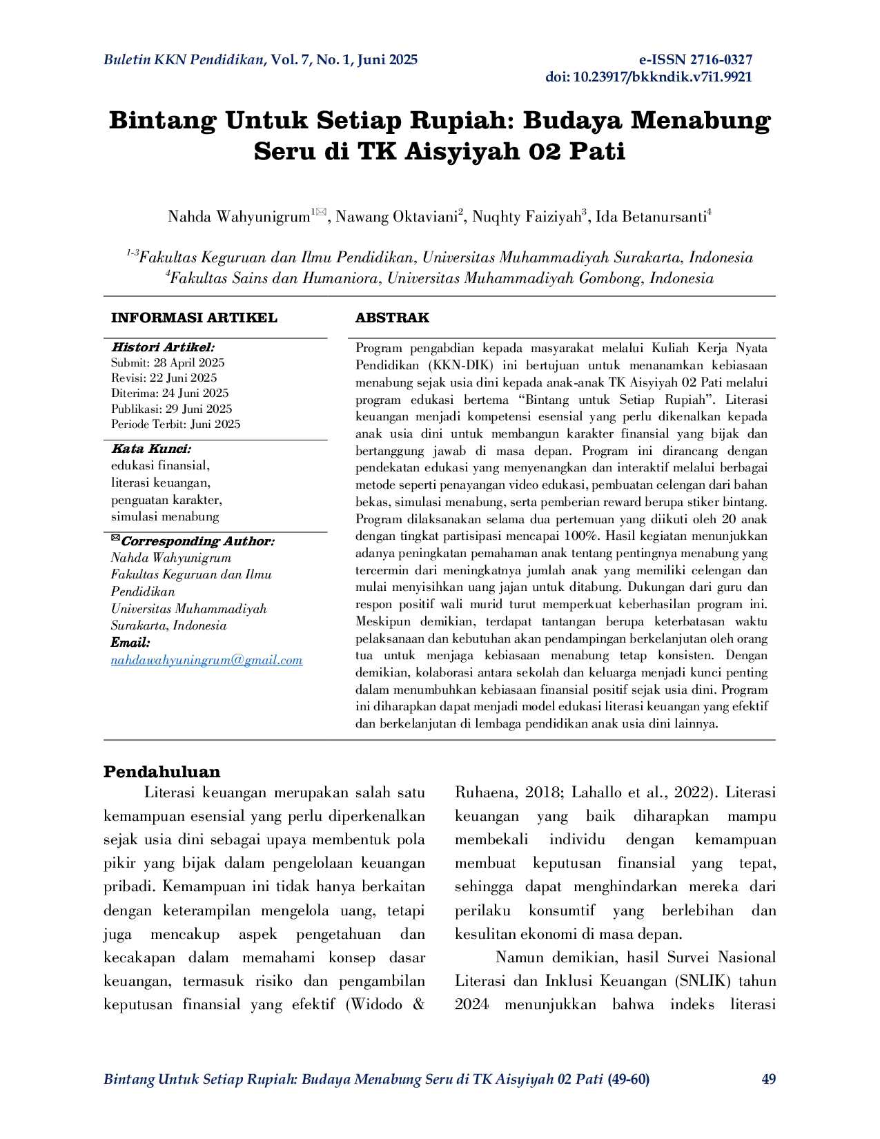 JURIS Bintang Untuk Setiap Rupiah Budaya Menabung Seru di TK Aisyiyah 02 Pati