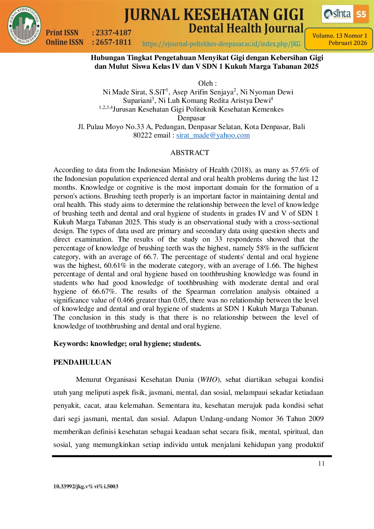JURIS Hubungan Tingkat Pengetahuan Menyikat Gigi dengan Kebersihan Gigi dan Mulut Siswa Kelas IV dan V SDN 1 Kukuh Marga Tabanan 2025