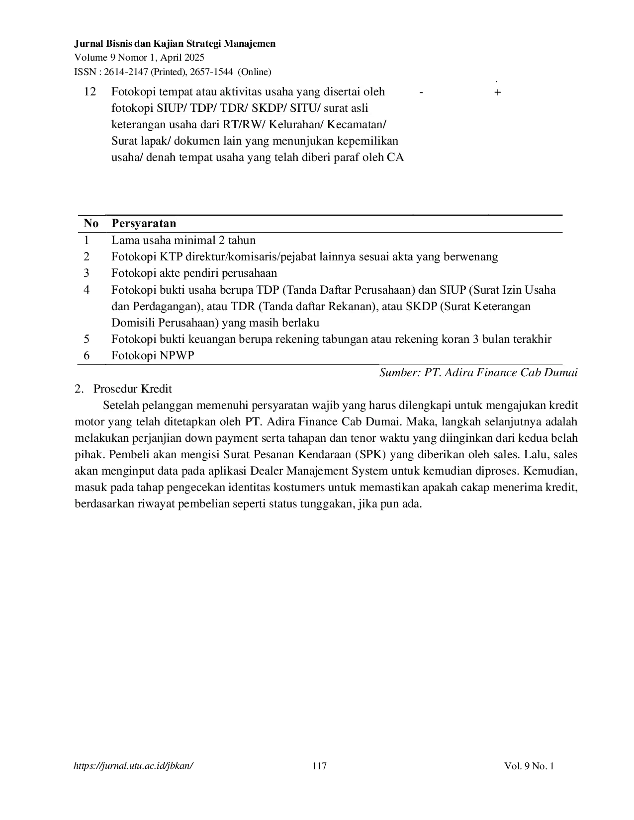 JURIS Analisis Prosedur Penjualan Kredit Motor Pada PT Adira Finance Cabang Kota Dumai