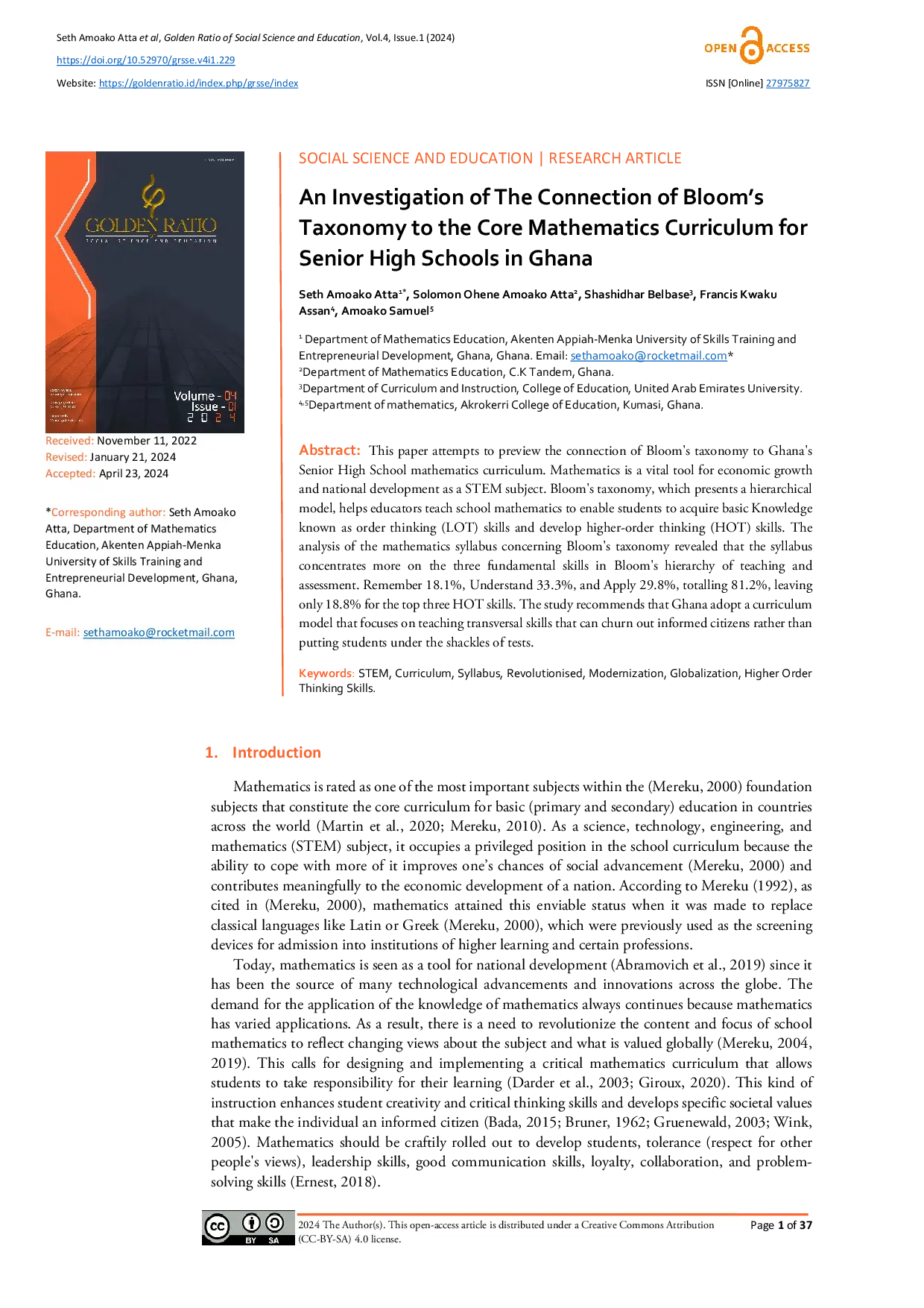 JURIS An Investigation of The Connection of Bloom s Taxonomy to the Core Mathematics Curriculum for Senior High Schools in Ghana