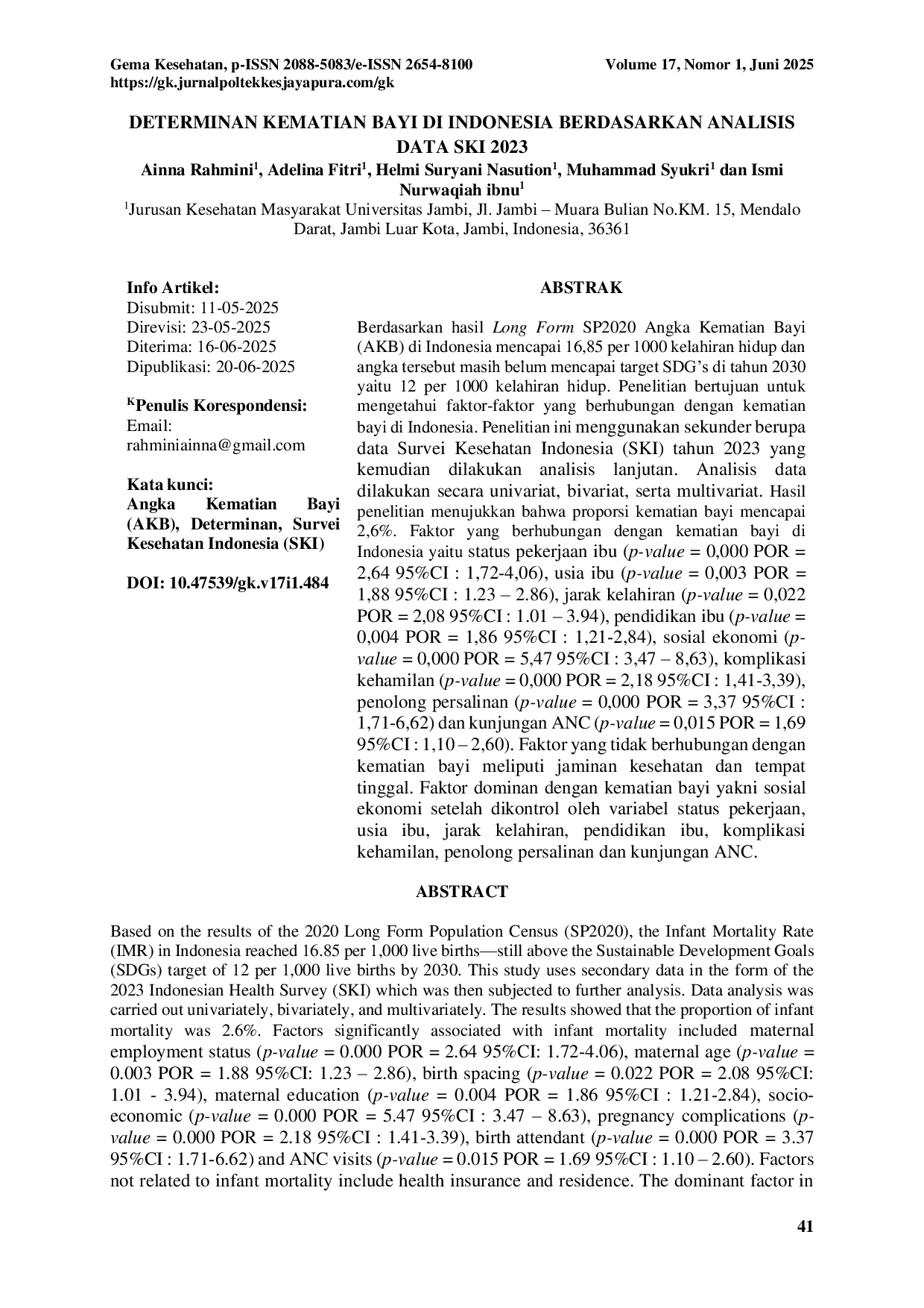 JURIS DETERMINAN KEMATIAN BAYI DI INDONESIA BERDASARKAN ANALISIS DATA SKI 2023