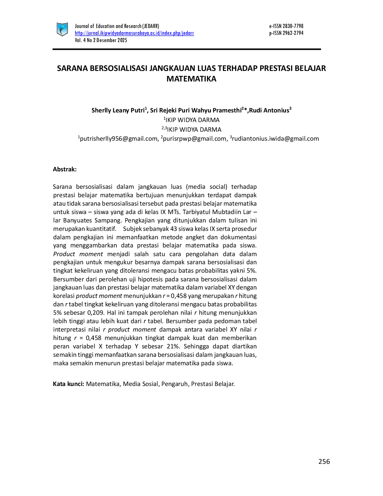 JURIS Sarana Bersosialisasi Jangkauan Luas Terhadap Prestasi Belajar Matematika