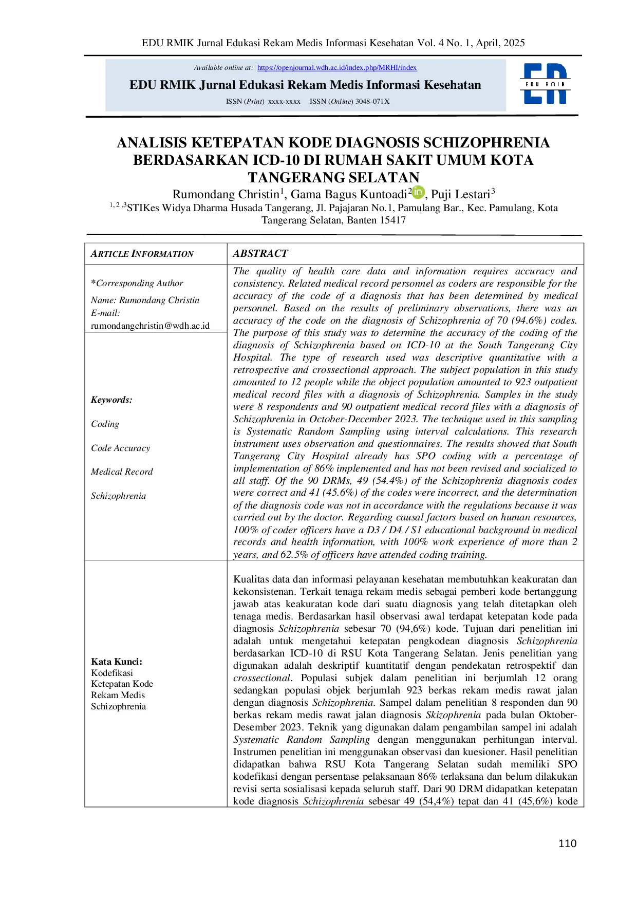 JURIS Analisis Ketepatan Kode Diagnosis Schizophrenia Berdasarkan ICD 10 di Rumah Sakit Umum Kota Tangerang Selatan