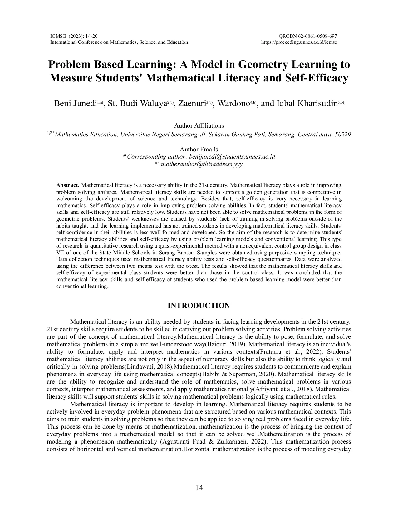 JURIS Problem Based Learning A Model in Geometry Learning to Measure Students Mathematical Literacy and Self Efficacy