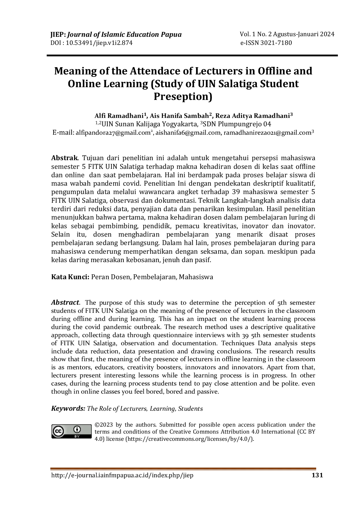 JURIS Makna Kehadiran Dosen dalam Pembelajaran Luring dan Daring Studi Presepsi Mahasiswa UIN Salatiga