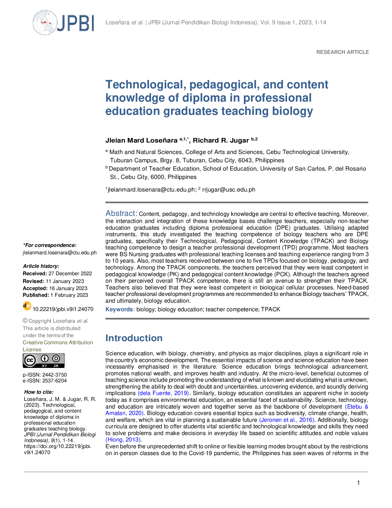 JURIS Technological pedagogical and content knowledge of diploma in professional education graduates teaching biology