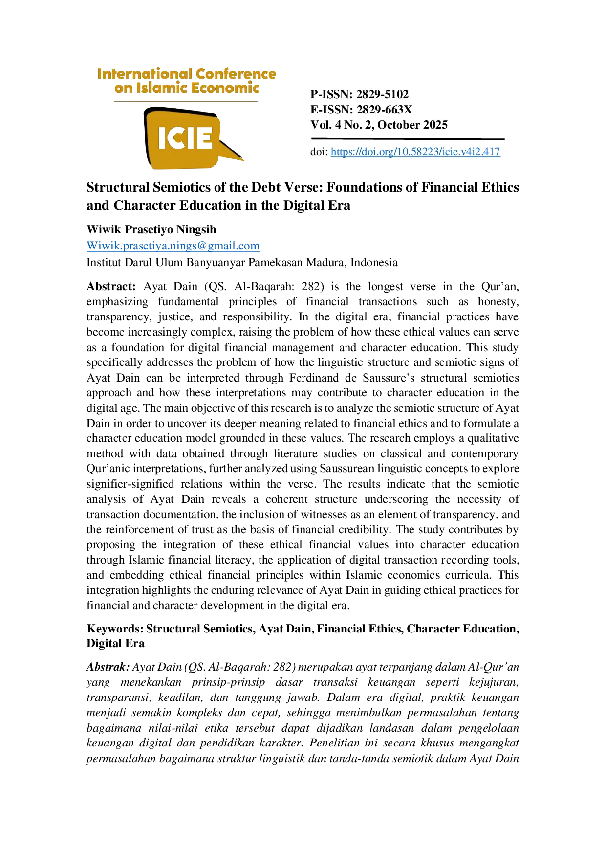 JURIS Analisis Semiotika Struktural Ayat Dain Sebagai Landasan Etika Keuangan Dan Penguatan Pendidikan Karakter Di Era Digital