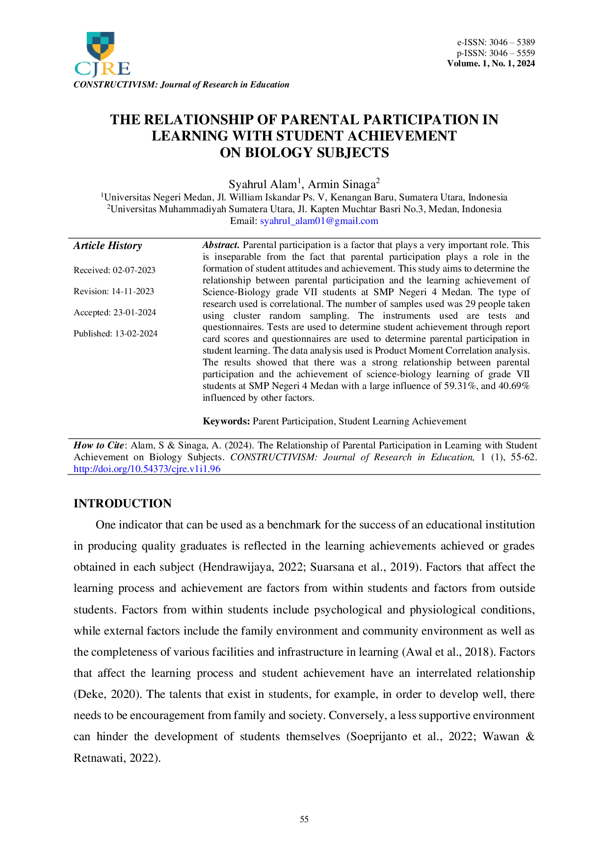 JURIS The Relationship of Parental Participation in Learning with Student Achievement on Biology Subjects
