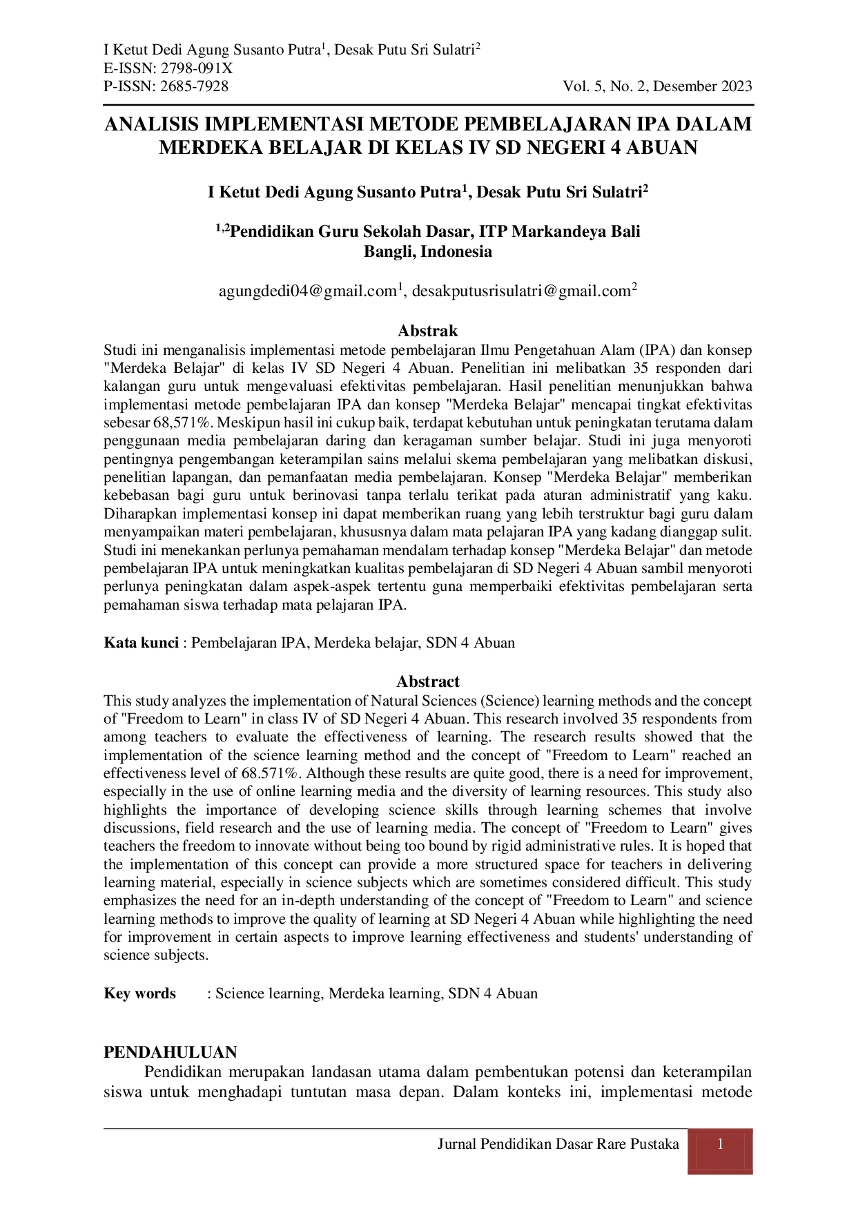 JURIS Analisis Implementasi Metode Pembelajaran IPA Dalam Merdeka Belajar Di Kelas IV SD Negeri 4 Abuan