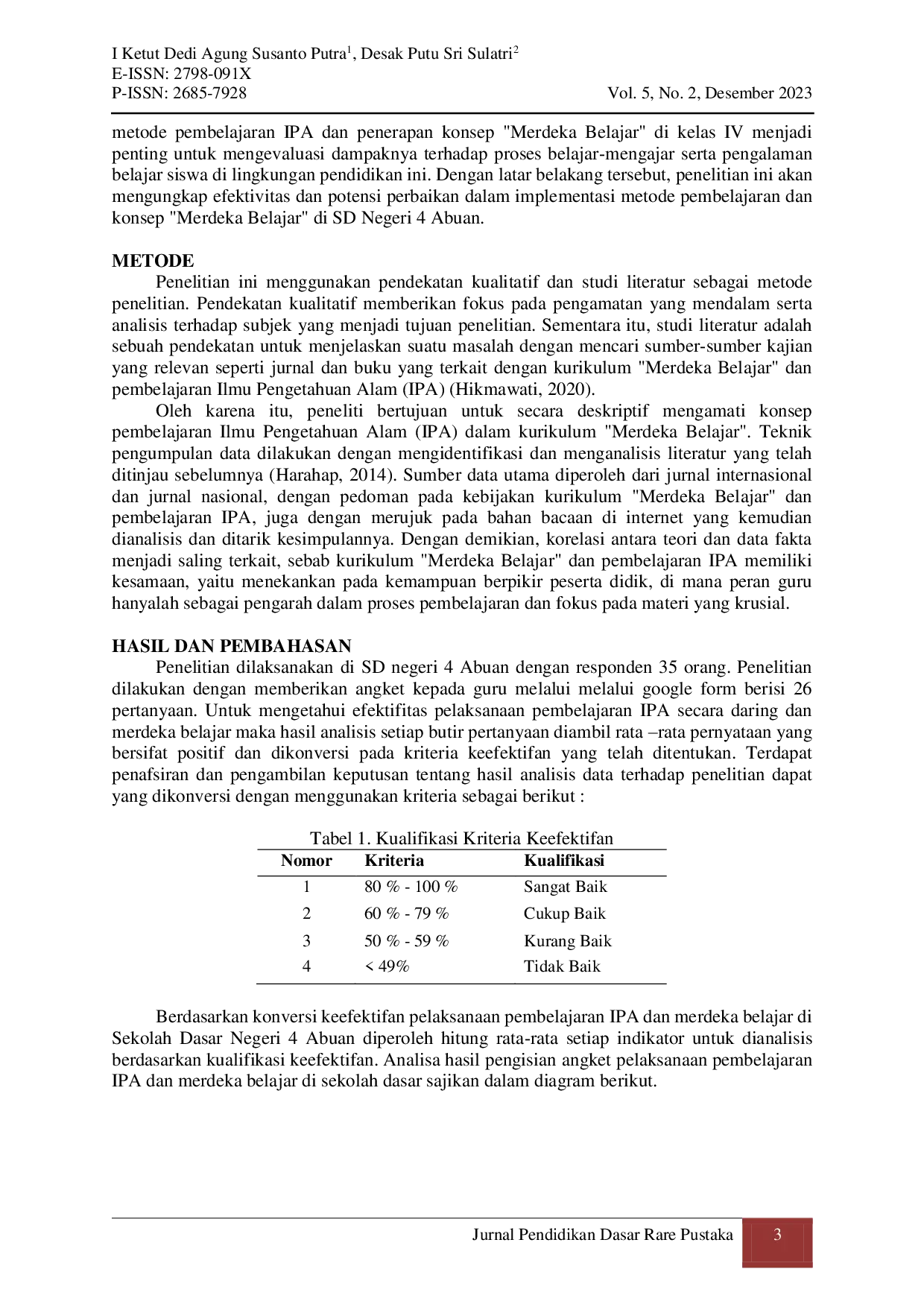 JURIS Analisis Implementasi Metode Pembelajaran IPA Dalam Merdeka Belajar Di Kelas IV SD Negeri 4 Abuan