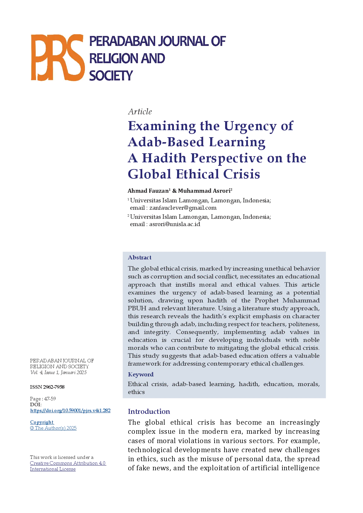 JURIS Examining the Urgency of Adab Based Learning