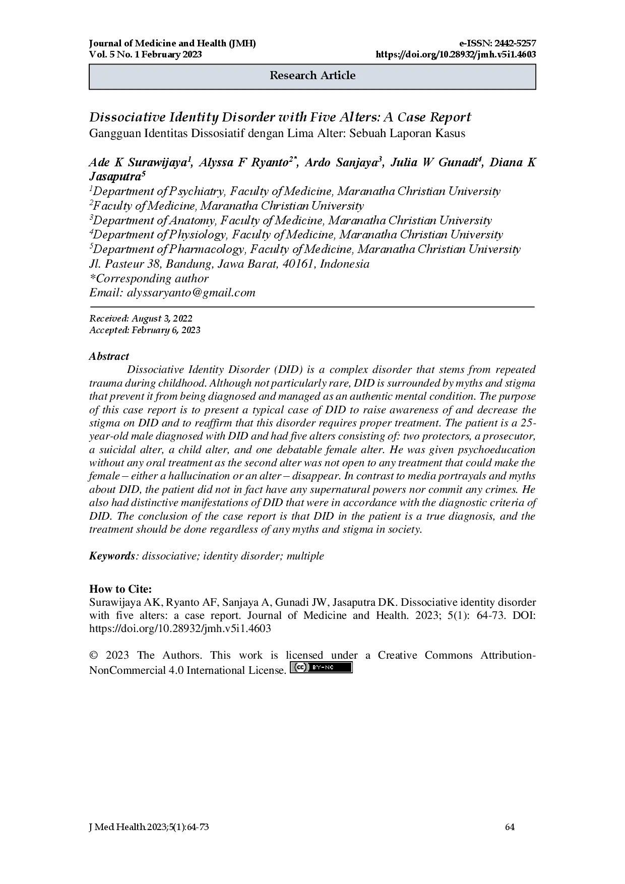 juris Dissociative Identity Disorder with Five Alters A Case Report