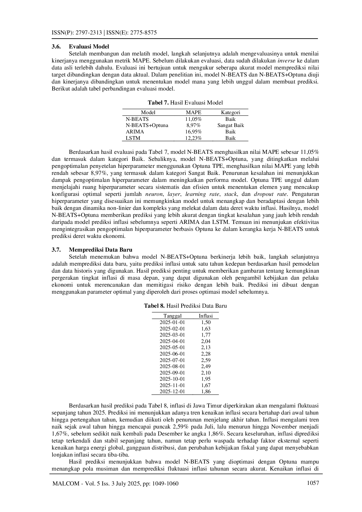 JURIS Prediksi Laju Inflasi di Jawa Timur Menggunakan Model N BEATS dan Optimasi Optuna
