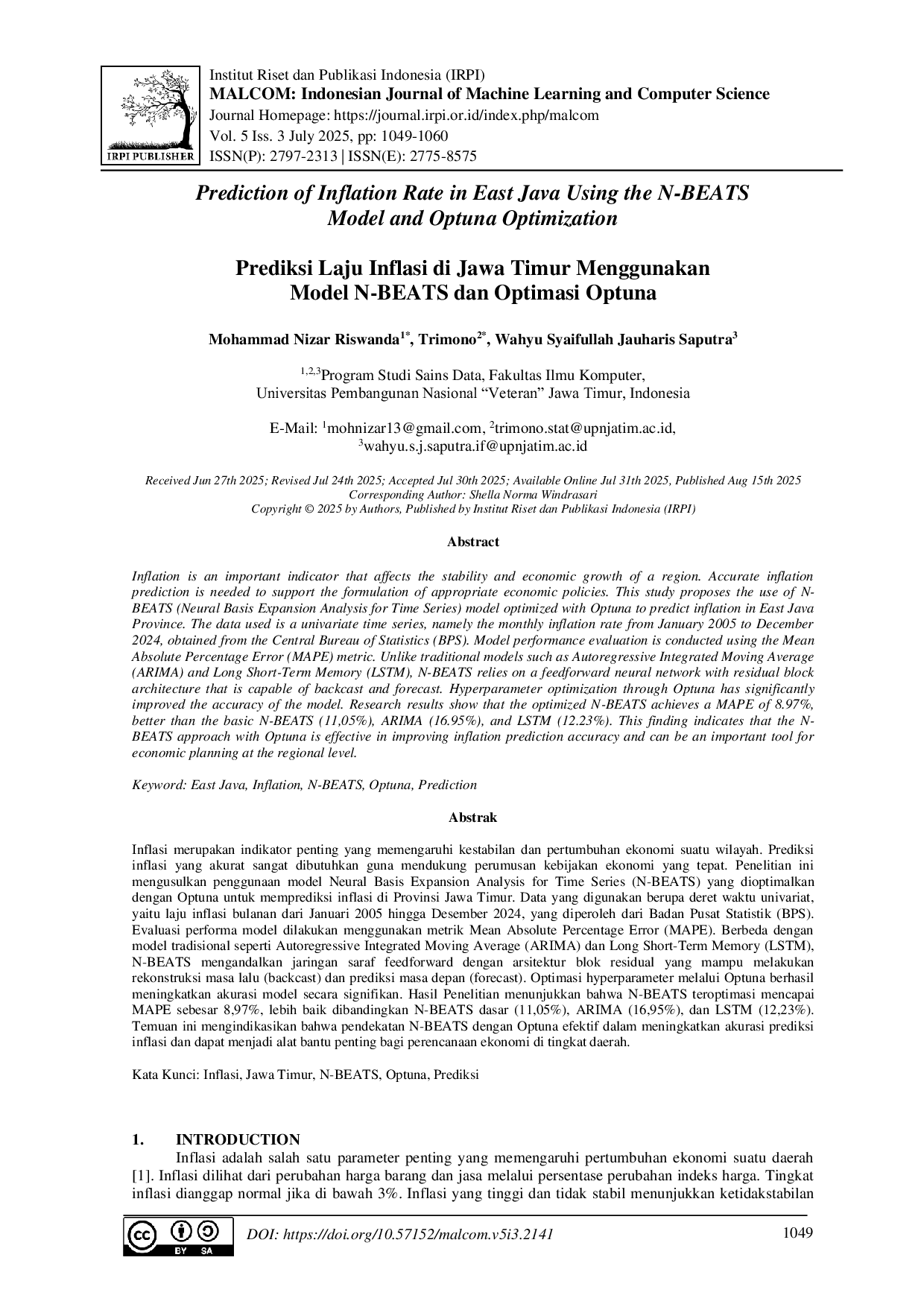 JURIS Prediksi Laju Inflasi di Jawa Timur Menggunakan Model N BEATS dan Optimasi Optuna