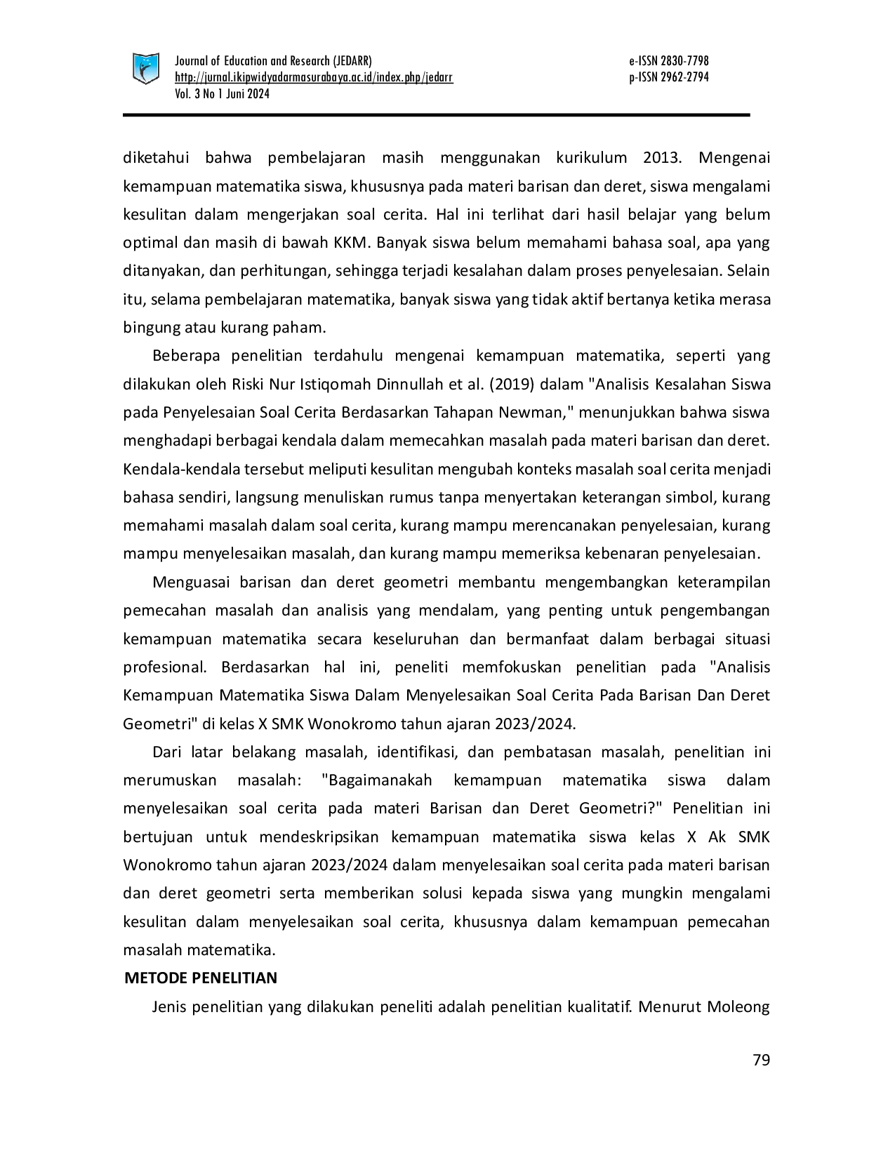 JURIS Analisis Kemampuan Matematika Siswa Dalam Menyelesaikan Soal Cerita Pada Materi Barisan Dan Deret Geometri