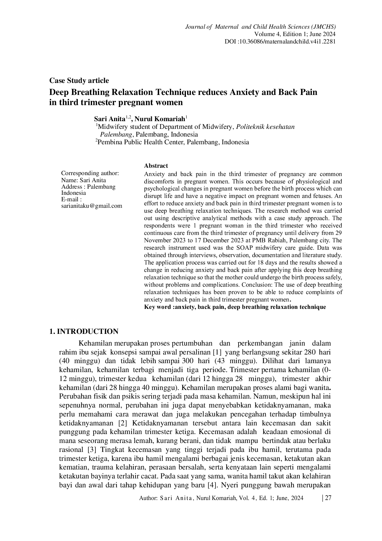 JURIS Deep Breathing Relaxation Technique reduces Anxiety and Back Pain in third trimester pregnant women