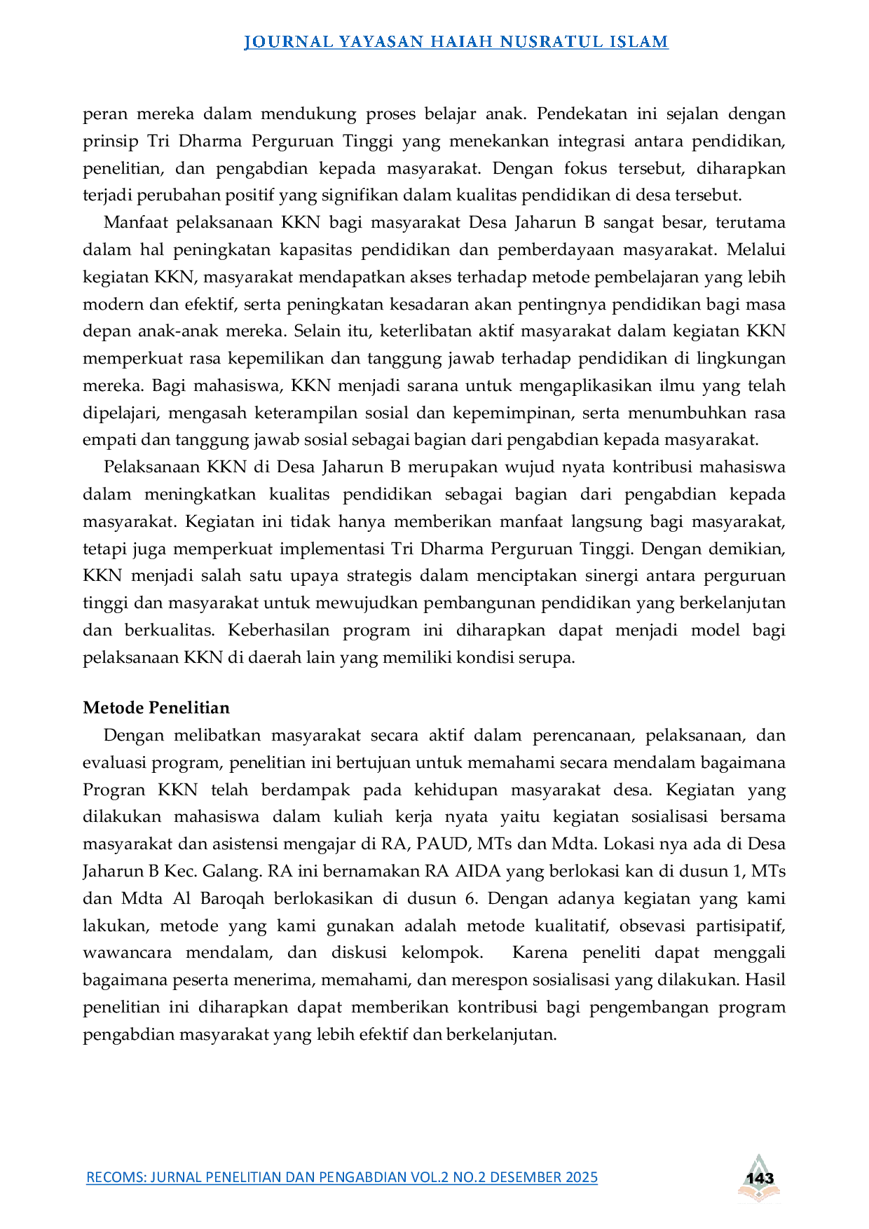 JURIS Kontribusi Mahasiswa Kuliah Kerja Nyata Dalam Meningkatkan Kualitas Pendidikan Sebagai Wujud Pengabdian Di Desa Jaharun B Kecamatan Galang Deli Serdang Sumatera Utara