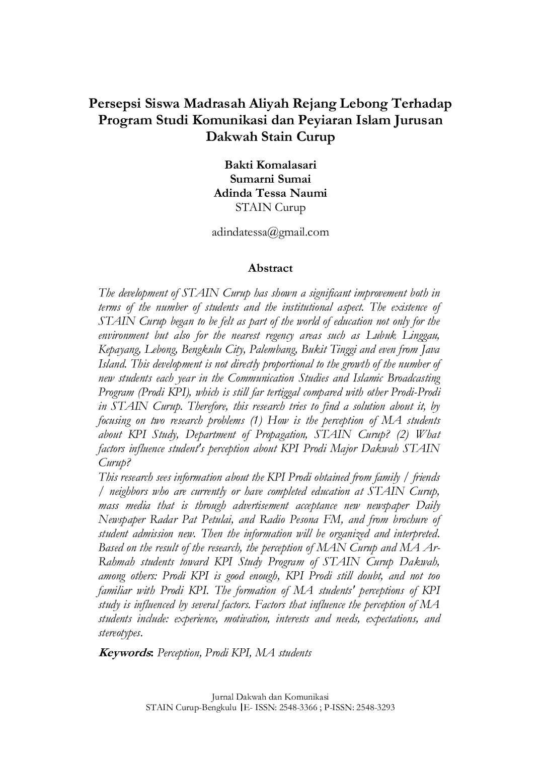 JURIS Persepsi Siswa Madrasah Aliyah Rejang Lebong Terhadap Program Studi Komunikasi dan Peyiaran Islam Jurusan Dakwah Stain Curup