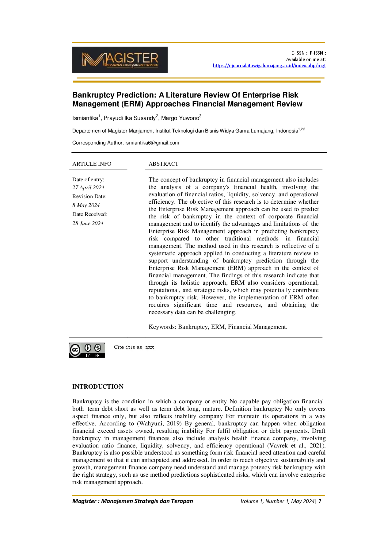 juris Bankruptcy Prediction A Literature Review Of Enterprise Risk Management ERM Approaches Financial Management Review