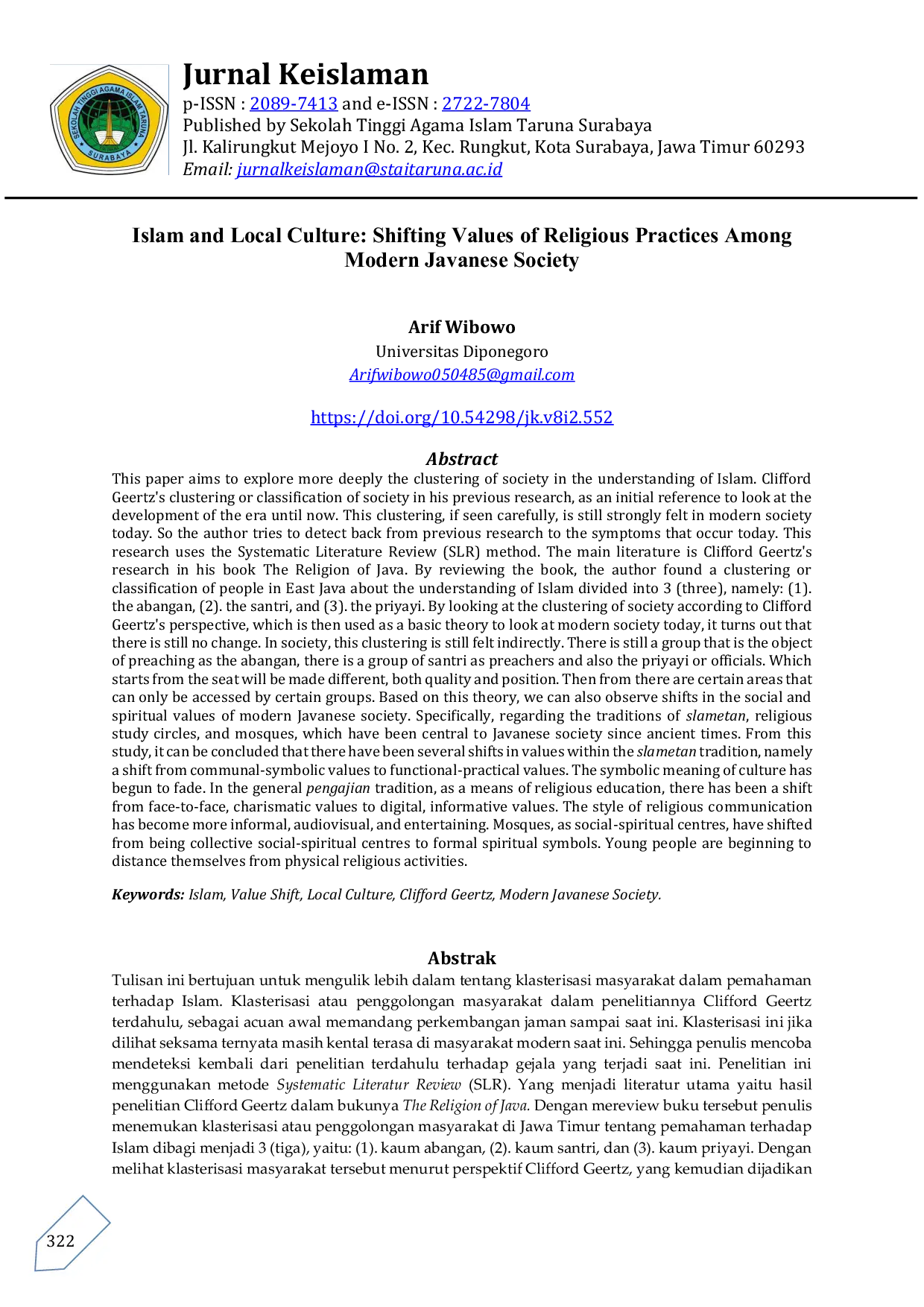 JURIS Islam and Local Culture Shifthing Values of Religious Practices Among Modern Javanese Society