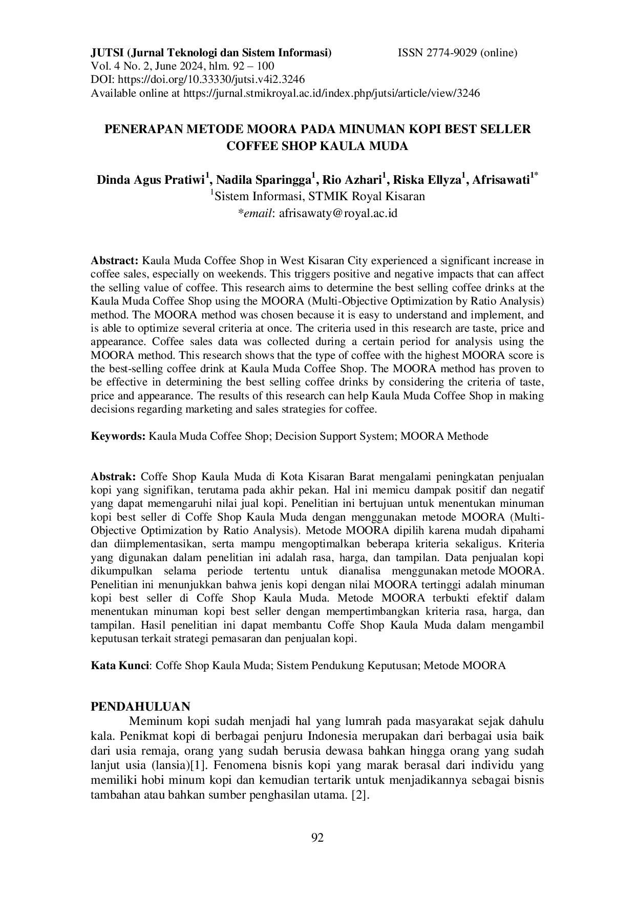 JURIS Penerapan Metode Moora Pada Minuman Kopi Best Seller Coffee Shop Kaula Muda