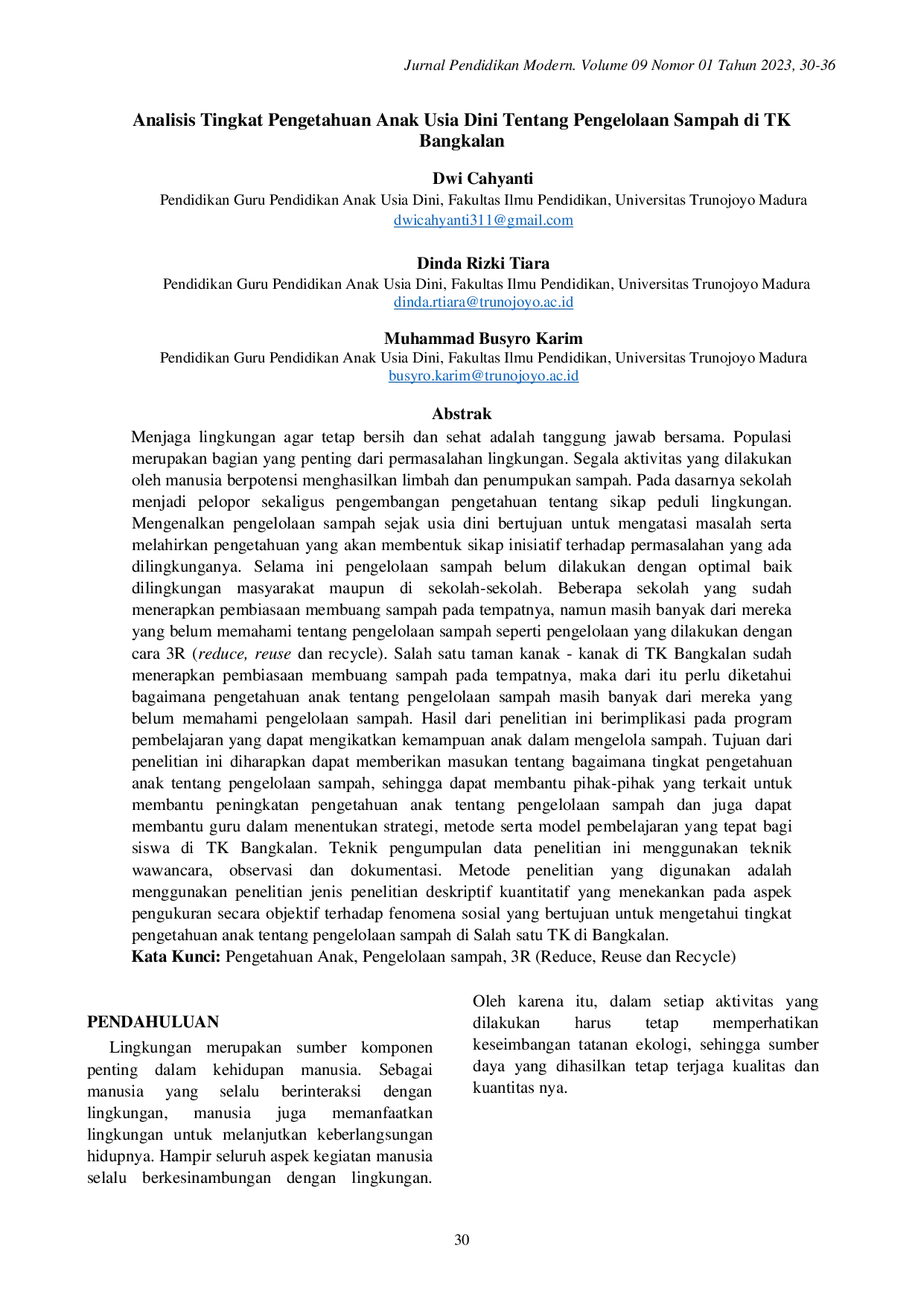 JURIS Analisis Tingkat Pengetahuan Anak Usia Dini Tentang Pengelolaan Sampah di TK Bangkalan