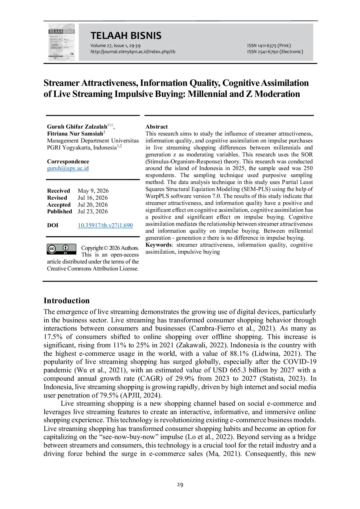JURIS Streamer Attractiveness Information Quality Cognitive Assimilation of Live Streaming Impulsive Buying Millennial and Z Moderation