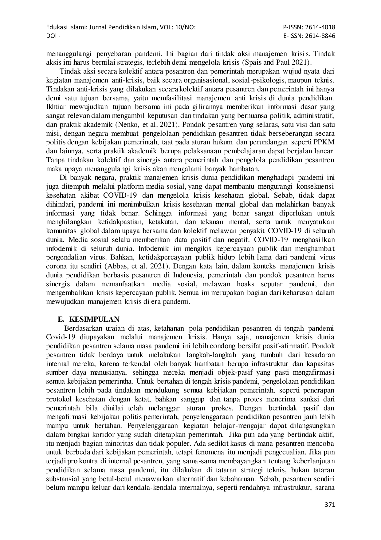 JURIS Manajemen Krisis Pondok Pesantren dalam Mempertahankan Pola Pendidikan Di Tengah Pandemi Covid 19