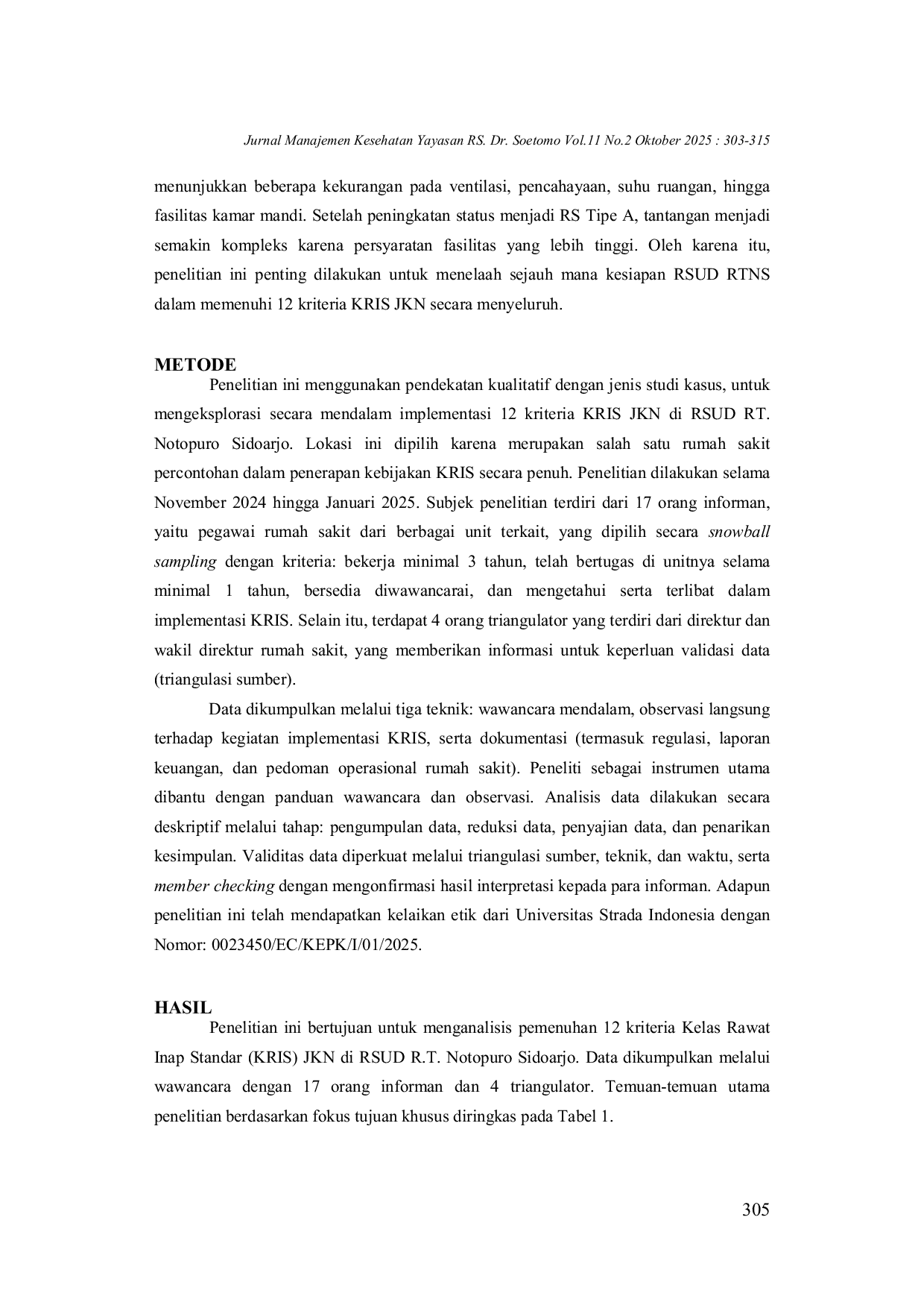 JURIS Pemenuhan Kriteria KRIS JKN Studi Kasus di RSUD RT Notopuro Sidoarjo