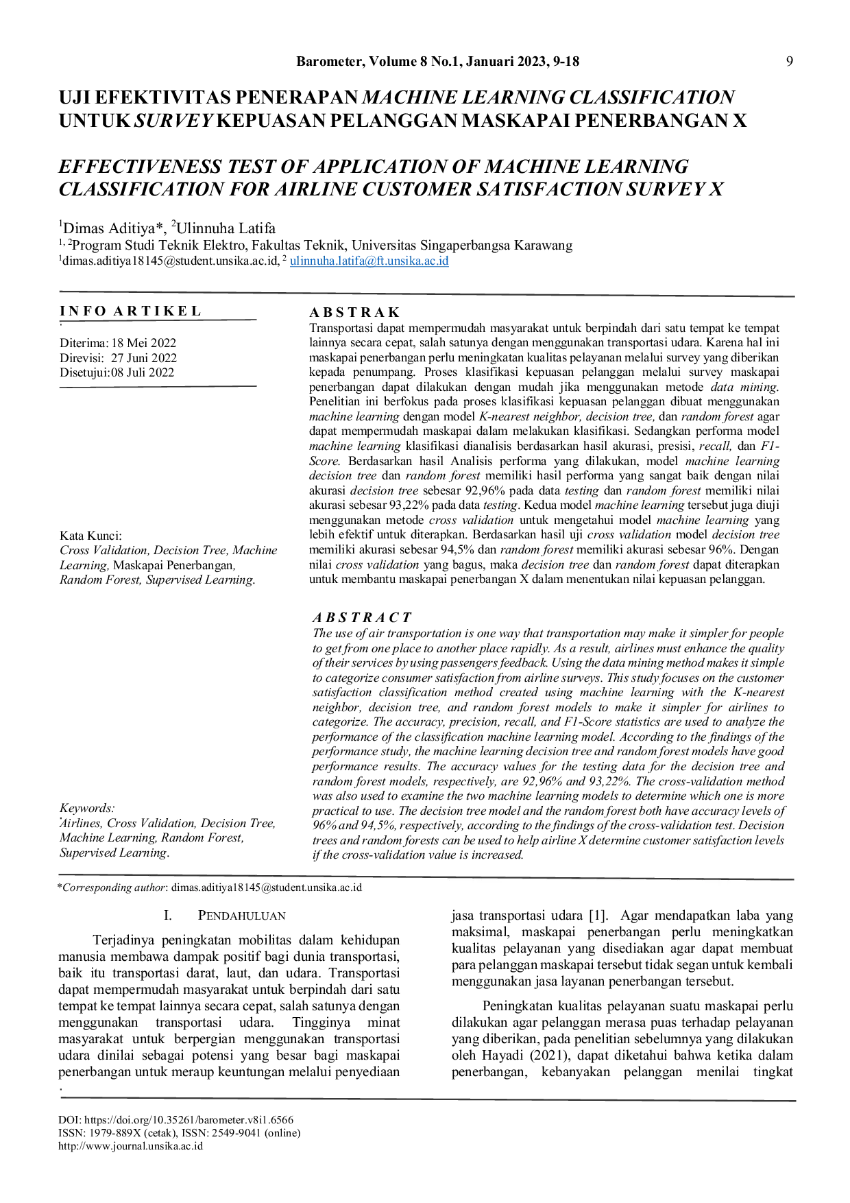 JURIS Uji Efektivitas Penerapan Machine Learning Classification Untuk Survey Kepuasan Pelanggan Maskapai Penerbangan X