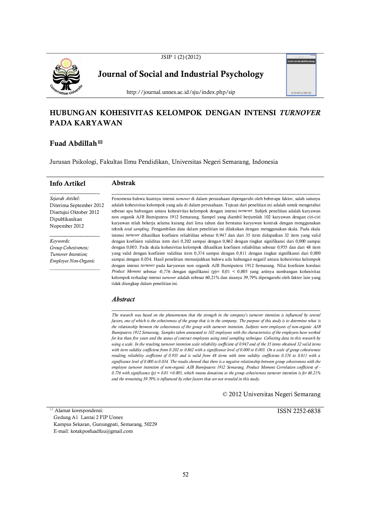 JURIS Hubungan Kohesivitas Kelompok Dengan Intensi Turnover Pada Karyawan