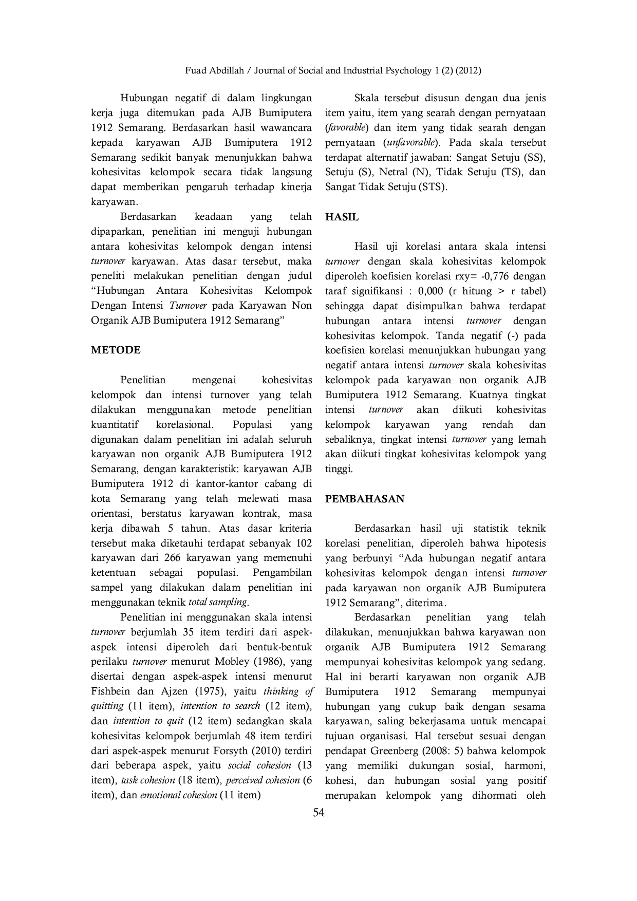 JURIS Hubungan Kohesivitas Kelompok Dengan Intensi Turnover Pada Karyawan