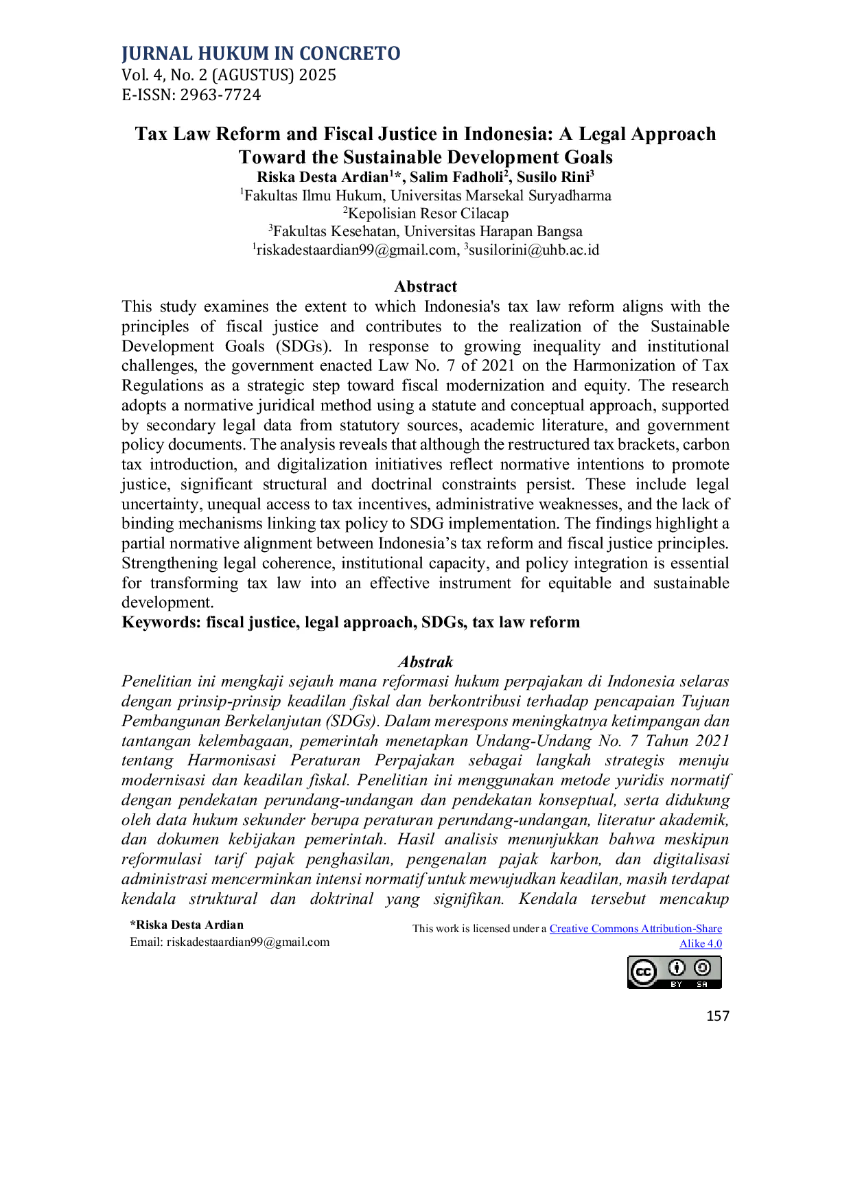 JURIS Tax Law Reform and Fiscal Justice in Indonesia A Legal Approach Toward the Sustainable Development Goals
