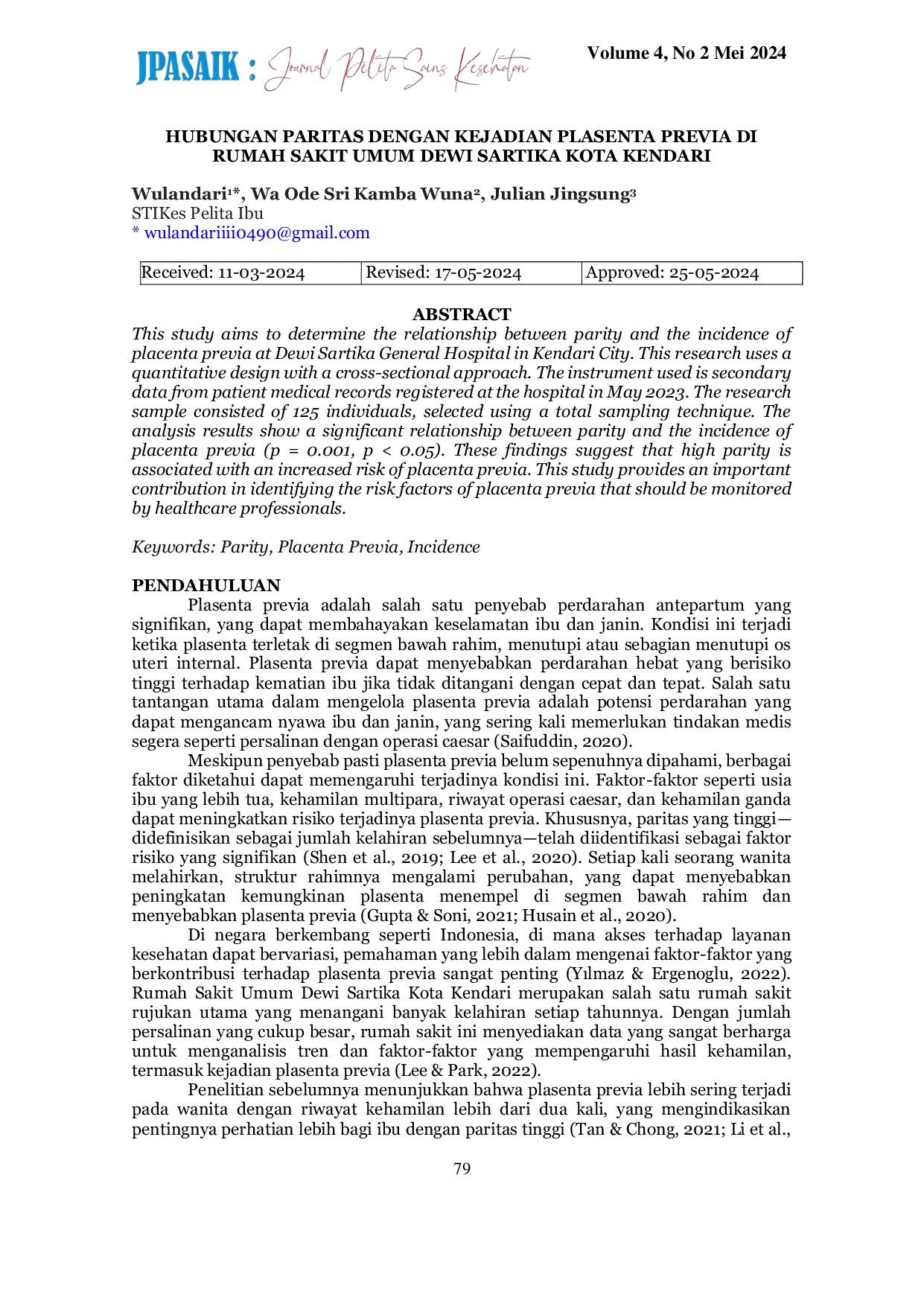 JURIS Hubungan Paritas dengan Kejadian Plasenta Previa di Rumah Sakit Umum Dewi Sartika Kota Kendari