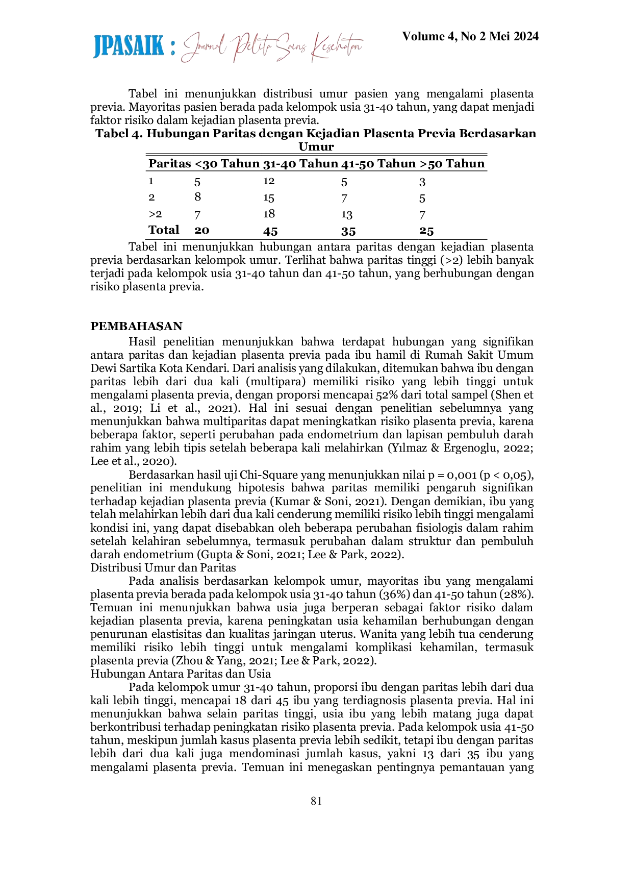 JURIS Hubungan Paritas dengan Kejadian Plasenta Previa di Rumah Sakit Umum Dewi Sartika Kota Kendari
