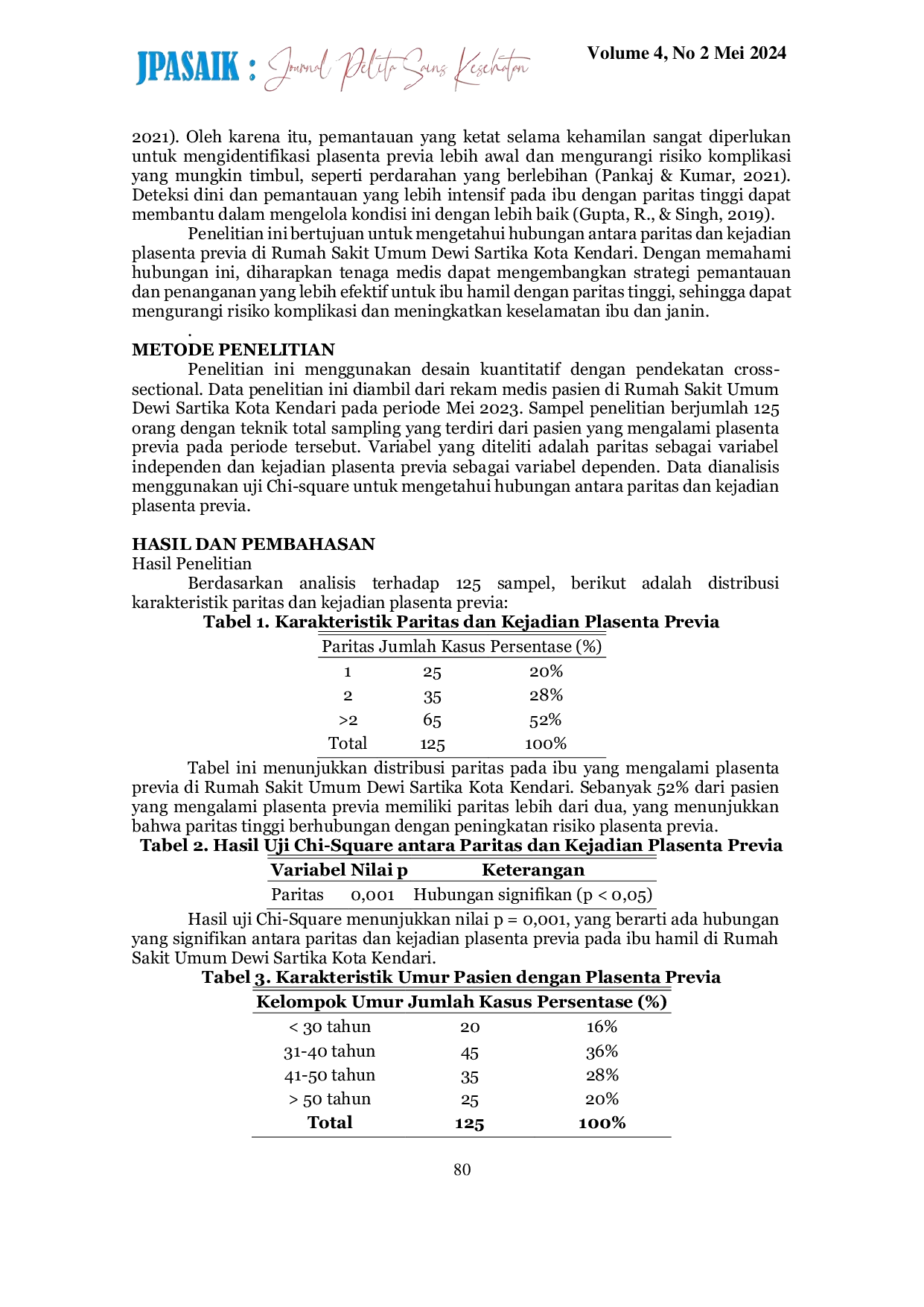 JURIS Hubungan Paritas dengan Kejadian Plasenta Previa di Rumah Sakit Umum Dewi Sartika Kota Kendari