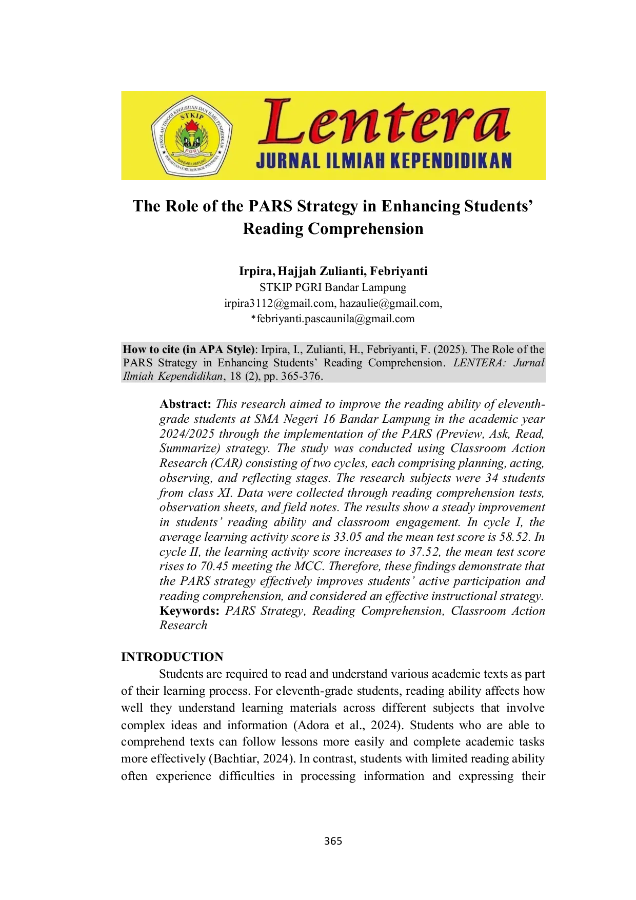 JURIS The Role of the PARS Strategy in Enhancing Students Reading Comprehension