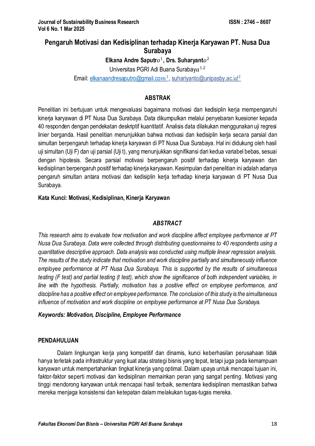 JURIS Pengaruh Motivasi dan Kedisiplinan terhadap Kinerja Karyawan PT Nusa Dua Surabaya