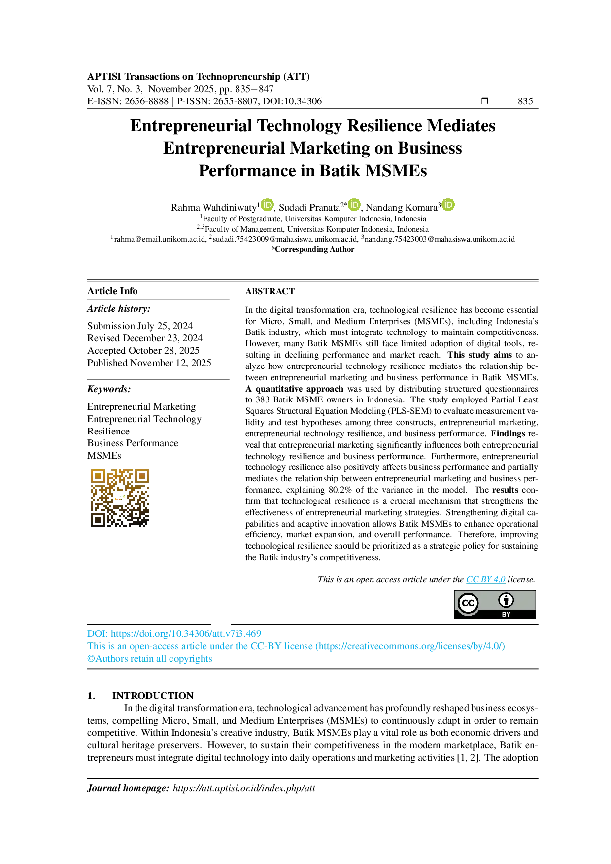 JURIS Entrepreneurial Technology Resilience Mediates Entrepreneurial Marketing on Business Performance in Batik MSMEs