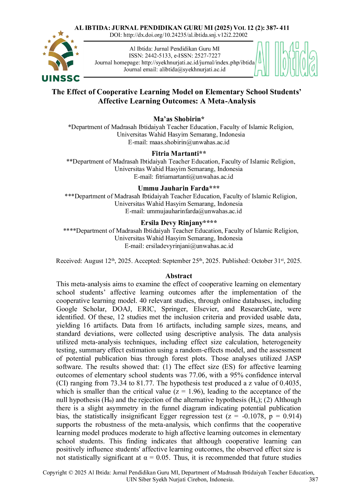 JURIS The Effect of Cooperative Learning Model on Elementary School Students Affective Learning Outcomes A Meta Analysis
