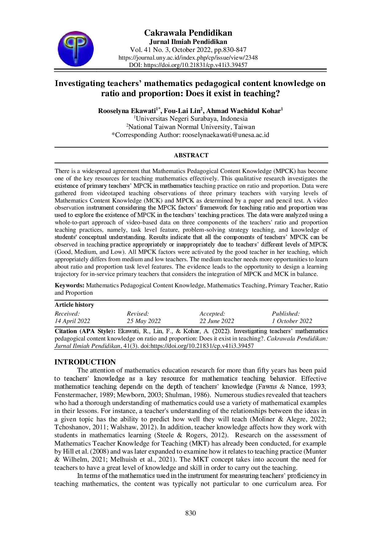 juris Investigating teachers mathematics pedagogical content knowledge on ratio and proportion Does it exist in teaching